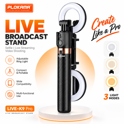 Plokama LIVE-K9 Pro 1700mm Ultra Long Selfie Stick & Tripod Stand – 5.6 Feet Extendable Vlogging Monopod with Ring Light, 10M Bluetooth Remote & Portrait/Landscape Mode